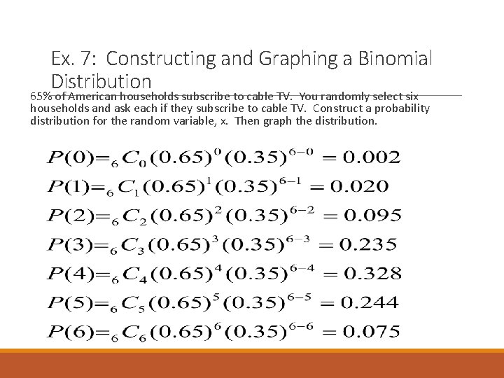 Ex. 7: Constructing and Graphing a Binomial Distribution 65% of American households subscribe to