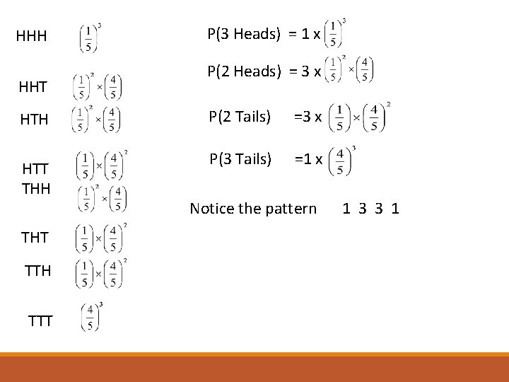 HHH HHT HTH HTT THH THT TTH TTT P(3 Heads) = 1 x P(2