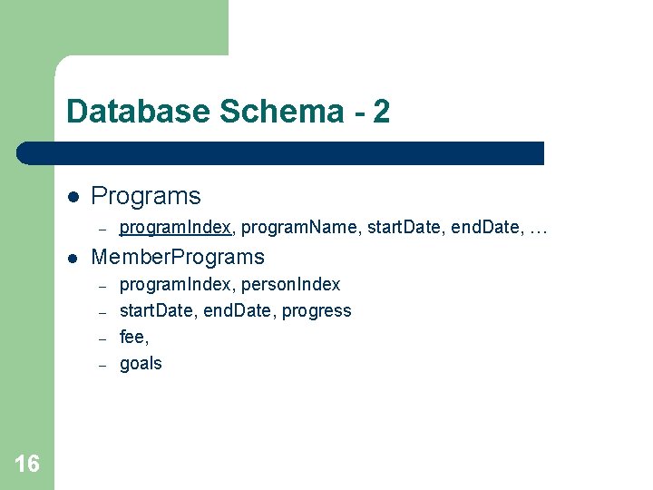 Database Schema - 2 l Programs – l Member. Programs – – 16 program.