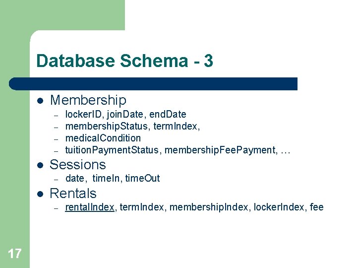 Database Schema - 3 l Membership – – l Sessions – l date, time.