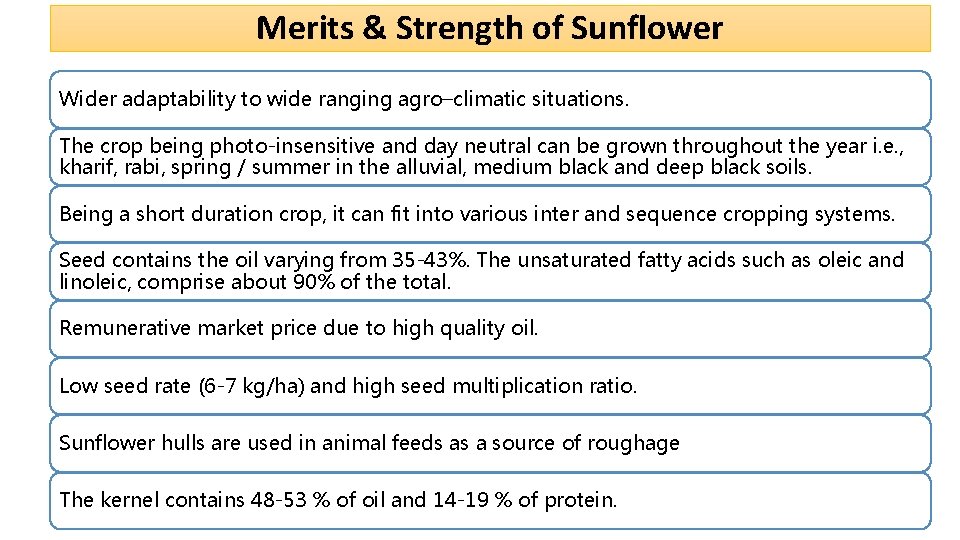 Merits & Strength of Sunflower Wider adaptability to wide ranging agro–climatic situations. The crop