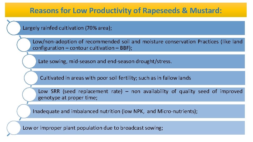 Reasons for Low Productivity of Rapeseeds & Mustard: Largely rainfed cultivation (70% area); Low/non-adoption