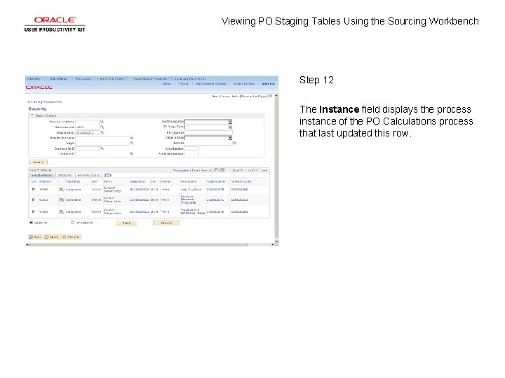 Viewing PO Staging Tables Using the Sourcing Workbench Step 12 The Instance field displays