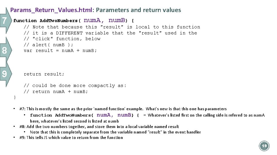7 Params_Return_Values. html: Parameters and return values function Add. Two. Numbers( num. A, num.