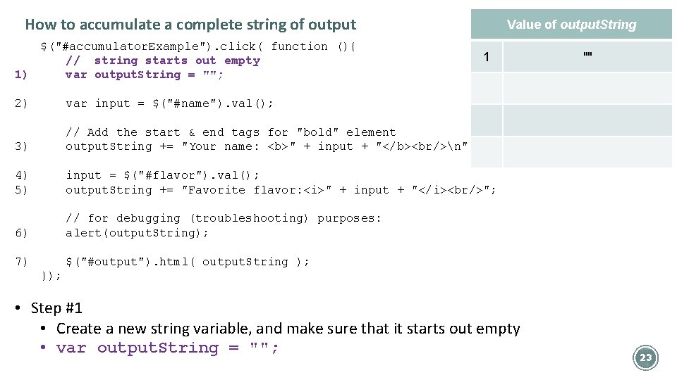 How to accumulate a complete string of output $("#accumulator. Example"). click( function (){ //