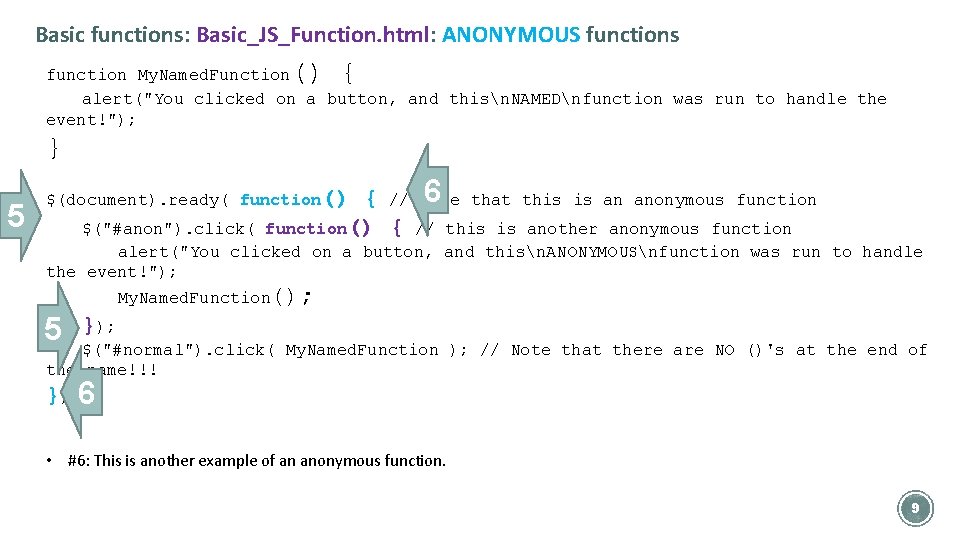 Basic functions: Basic_JS_Function. html: ANONYMOUS functions () { function My. Named. Function alert("You clicked