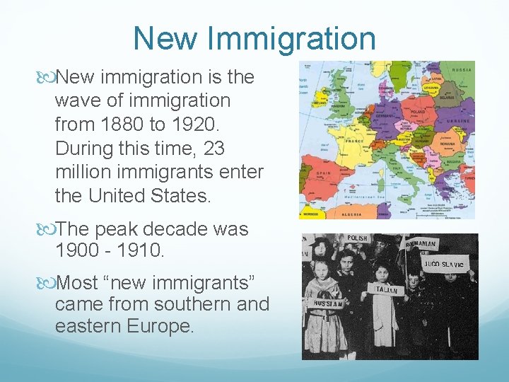 New Immigration New immigration is the wave of immigration from 1880 to 1920. During