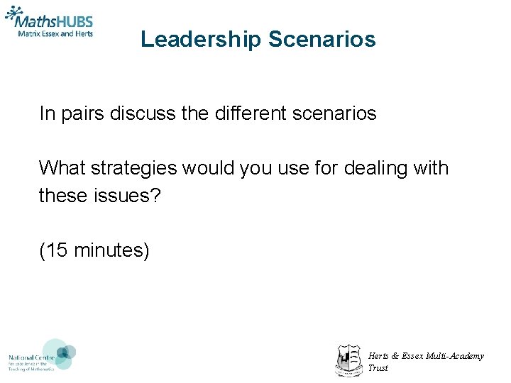 Leadership Scenarios In pairs discuss the different scenarios What strategies would you use for