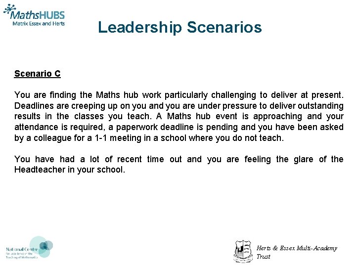 Leadership Scenarios Scenario C You are finding the Maths hub work particularly challenging to