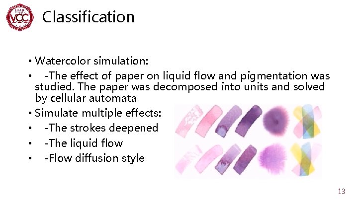 Classification • Watercolor simulation: • -The effect of paper on liquid flow and pigmentation
