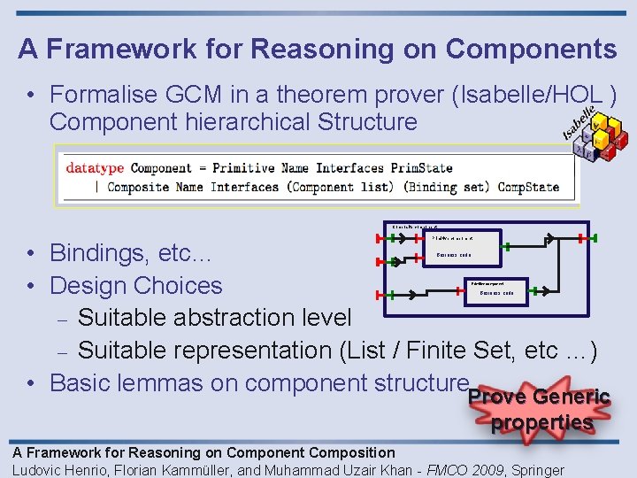 A Framework for Reasoning on Components • Formalise GCM in a theorem prover (Isabelle/HOL