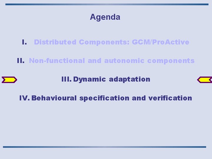 Agenda I. Distributed Components: GCM/Pro. Active II. Non-functional and autonomic components III. Dynamic adaptation