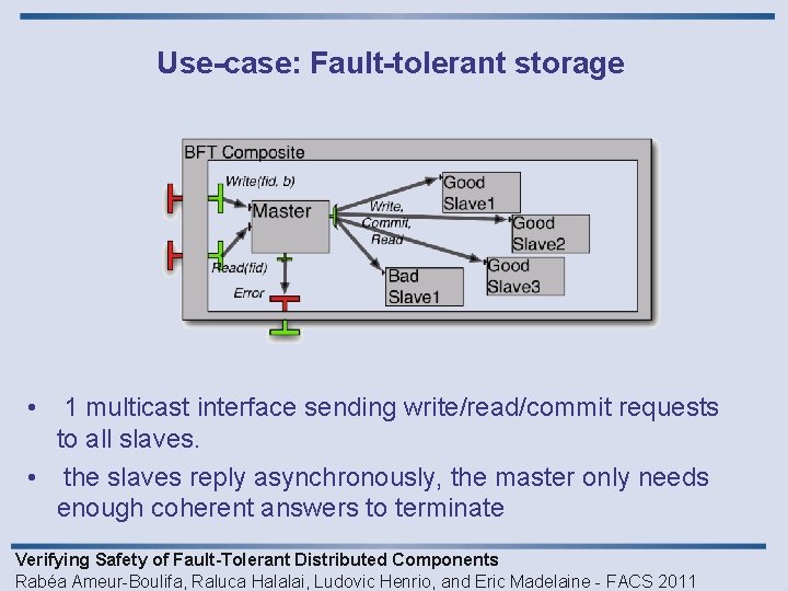 Use-case: Fault-tolerant storage • 1 multicast interface sending write/read/commit requests to all slaves. •