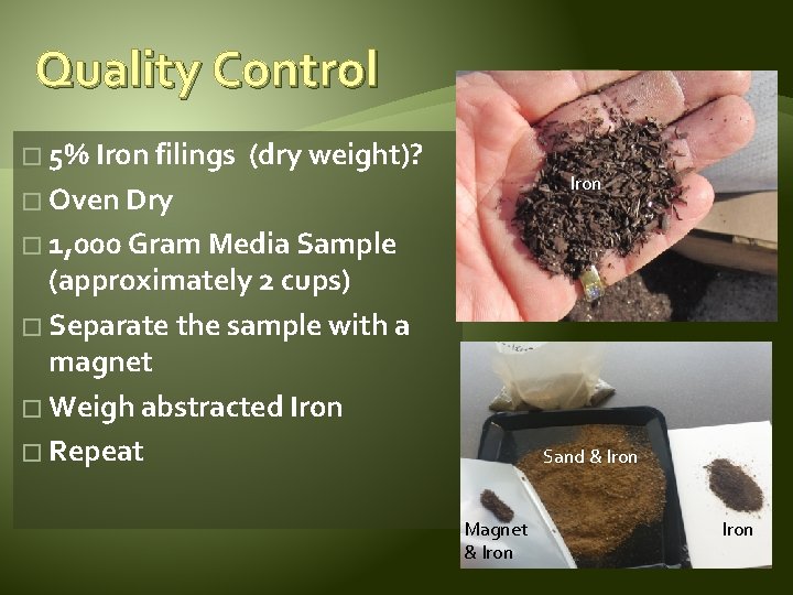 Quality Control � 5% Iron filings (dry weight)? Iron � Oven Dry � 1,