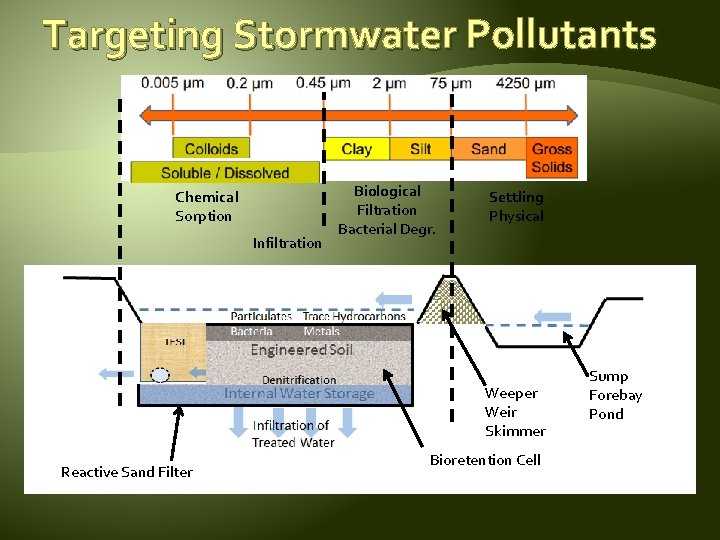Targeting Stormwater Pollutants Chemical Sorption Infiltration Biological Filtration Bacterial Degr. Settling Physical Weeper Weir