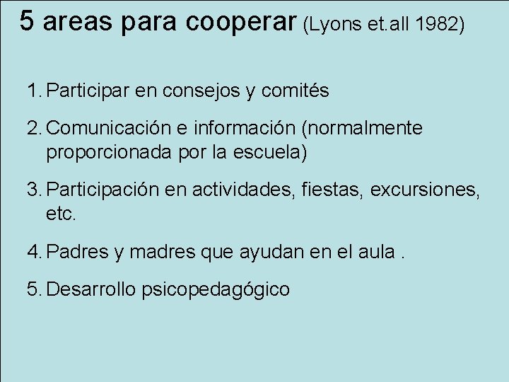 5 areas para cooperar (Lyons et. all 1982) 1. Participar en consejos y comités