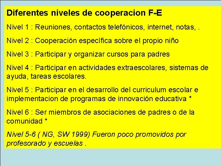 Diferentes niveles de cooperacion F-E Nivel 1 : Reuniones, contactos telefónicos, internet, notas, .