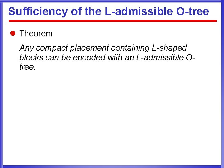 Sufficiency of the L-admissible O-tree l Theorem Any compact placement containing L-shaped blocks can