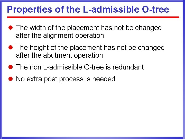 Properties of the L-admissible O-tree l The width of the placement has not be