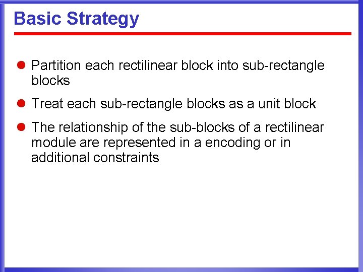 Basic Strategy l Partition each rectilinear block into sub-rectangle blocks l Treat each sub-rectangle