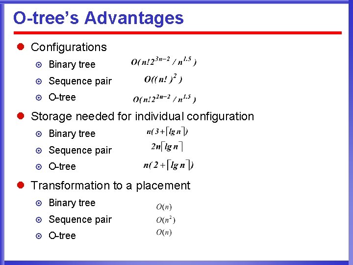 O-tree’s Advantages l Configurations ¤ Binary tree ¤ Sequence pair ¤ O-tree l Storage