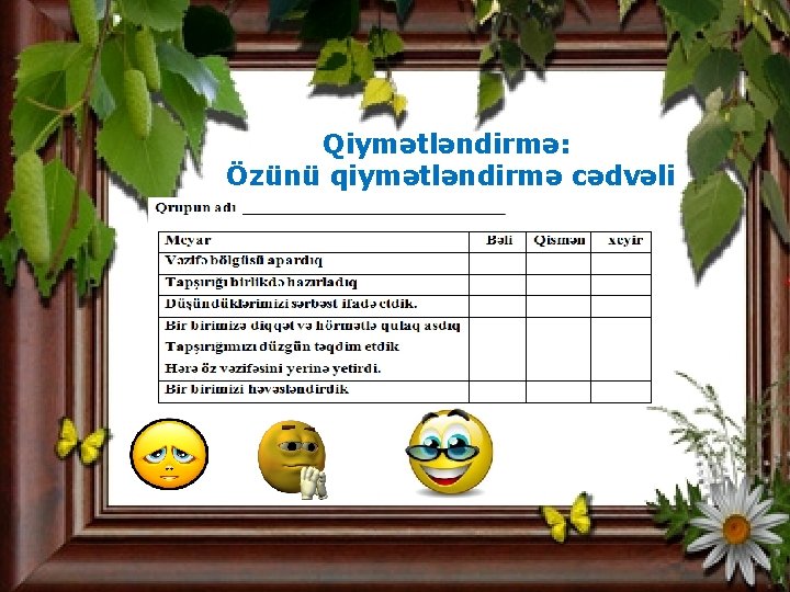 Qiymətləndirmə: Özünü qiymətləndirmə cədvəli 