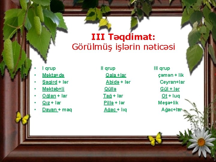 III Təqdimat: Görülmüş işlərin nəticəsi • • I qrup Məkta+də Şagird + lər Məktəb+li