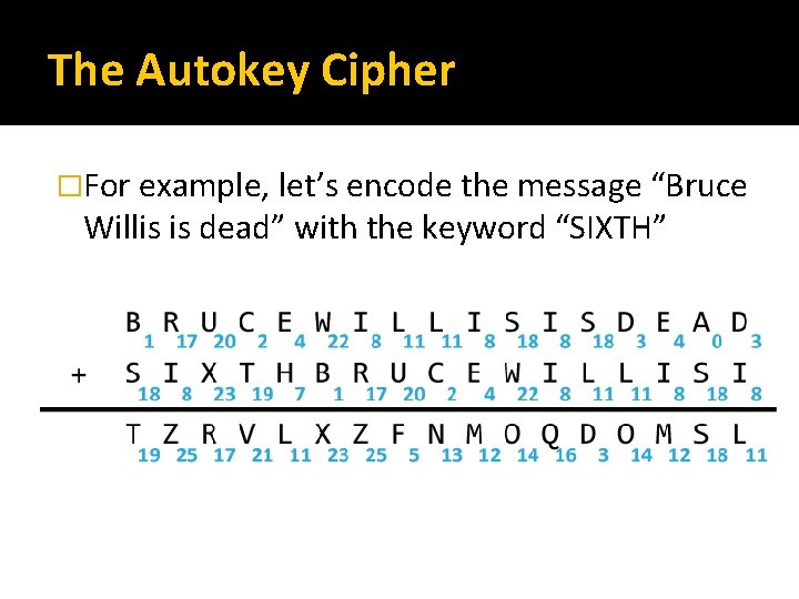 The Autokey Cipher �For example, let’s encode the message “Bruce Willis is dead” with