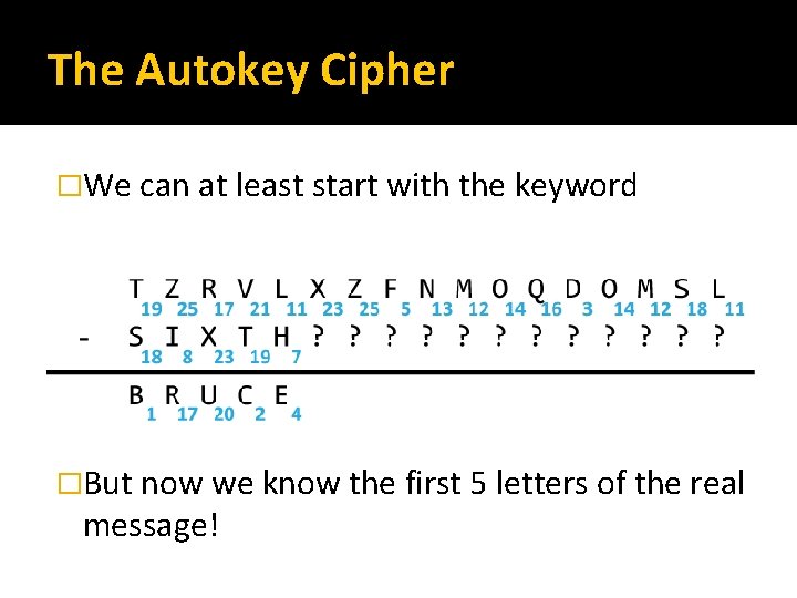 The Autokey Cipher �We can at least start with the keyword �But now we