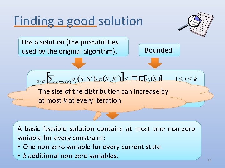 Finding a good solution Has a solution (the probabilities used by the original algorithm).