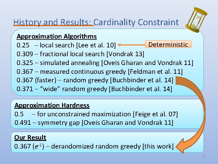 History and Results: Cardinality Constraint Approximation Algorithms Deterministic 0. 25 – local search [Lee