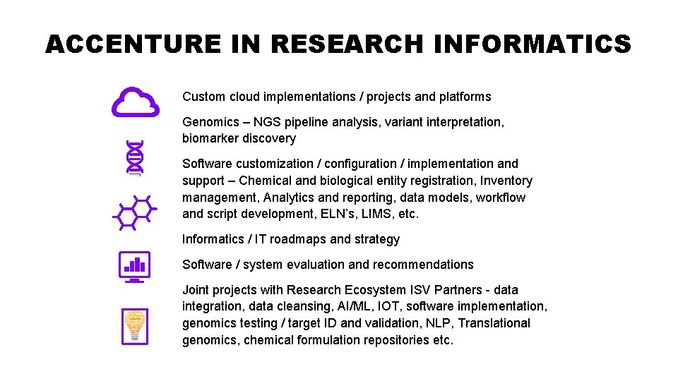 ACCENTURE IN RESEARCH INFORMATICS Custom cloud implementations / projects and platforms Genomics – NGS