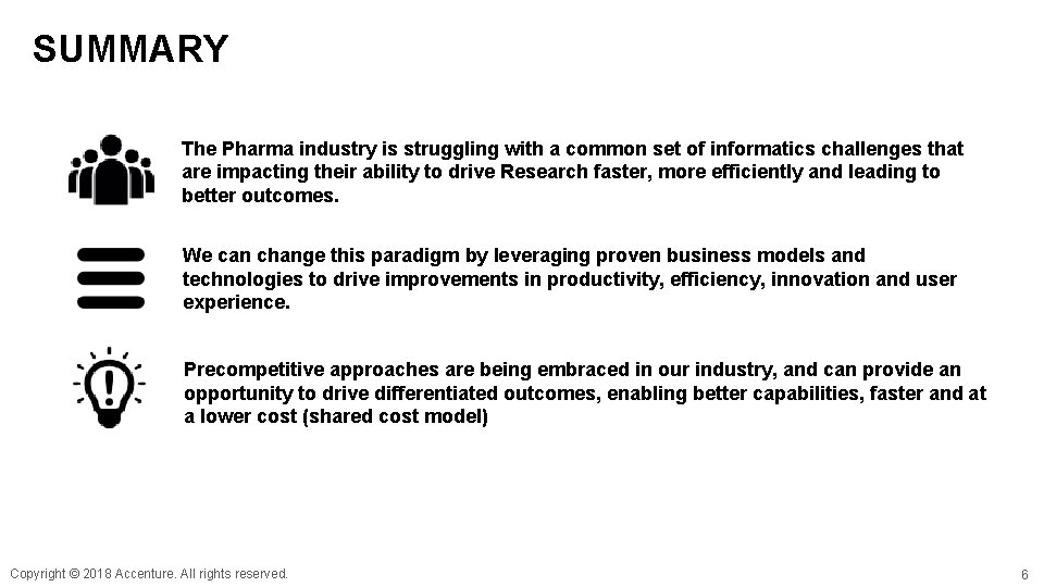 SUMMARY The Pharma industry is struggling with a common set of informatics challenges that