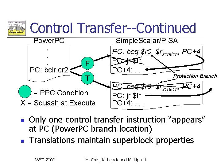 Control Transfer--Continued Power. PC. . . PC: bclr cr 2 Simple. Scalar/PISA F PC: Control Transfer--Continued Power. PC. . . PC: bclr cr 2 Simple. Scalar/PISA F PC: