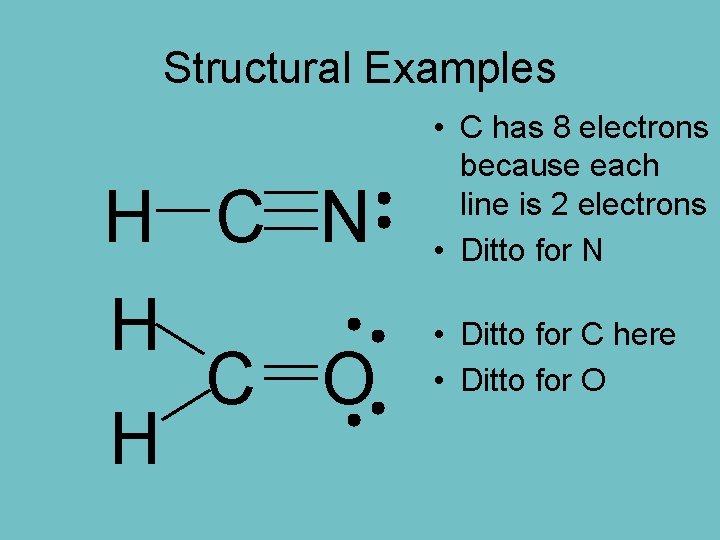 Structural Examples H C N H C O H • C has 8 electrons