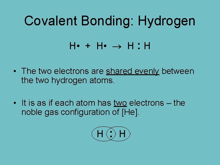 Covalent Bonding: Hydrogen H • + H • H : H • The two