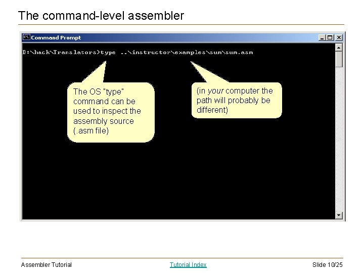 The command-level assembler The OS “type” command can be used to inspect the assembly