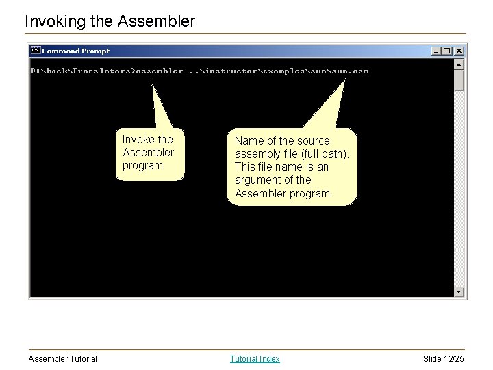 Invoking the Assembler Invoke the Assembler program Assembler Tutorial Name of the source assembly