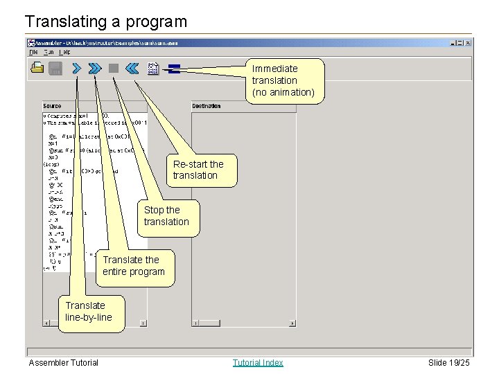 Translating a program Immediate translation (no animation) Re-start the translation Stop the translation Translate