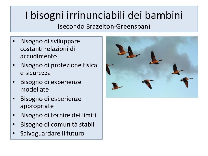 I bisogni irrinunciabili dei bambini (secondo Brazelton-Greenspan) • Bisogno di sviluppare costanti relazioni di