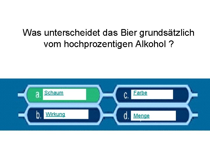 Was unterscheidet das Bier grundsätzlich vom hochprozentigen Alkohol ? Schaum Wirkung Farbe Menge 