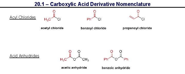 20. 1 – Carboxylic Acid Derivative Nomenclature Acyl Chlorides Acid Anhydrides 