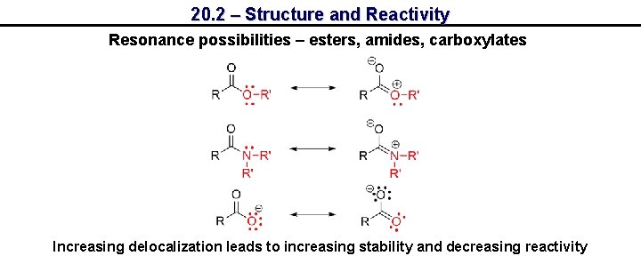 20. 2 – Structure and Reactivity Resonance possibilities – esters, amides, carboxylates Increasing delocalization