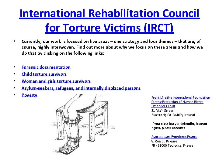 International Rehabilitation Council for Torture Victims (IRCT) • Currently, our work is focused on