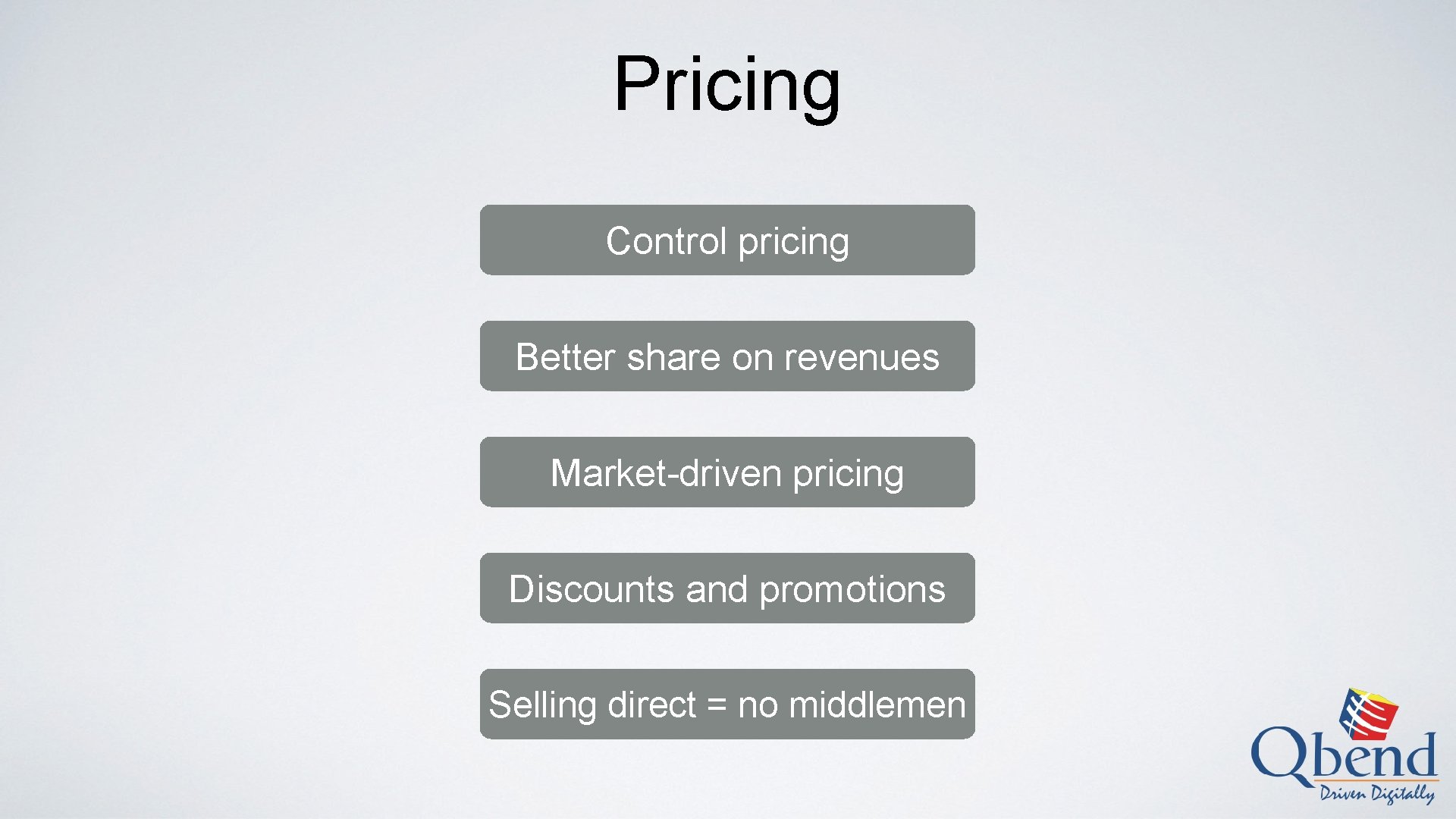 Pricing Control pricing Better share on revenues Market-driven pricing Discounts and promotions Selling direct