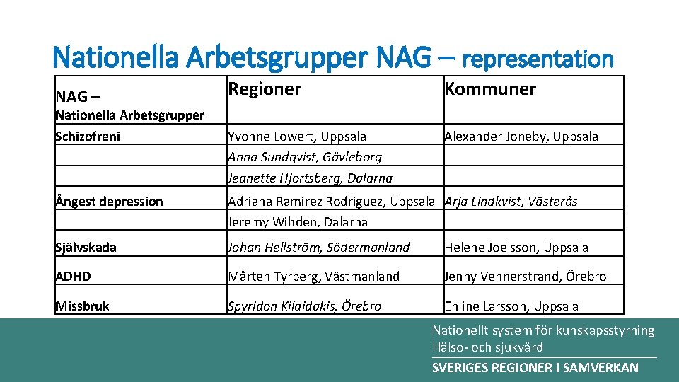 Nationella Arbetsgrupper NAG – representation NAG – Nationella Arbetsgrupper Schizofreni Regioner Kommuner Yvonne Lowert,