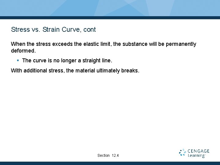 Stress vs. Strain Curve, cont When the stress exceeds the elastic limit, the substance Stress vs. Strain Curve, cont When the stress exceeds the elastic limit, the substance