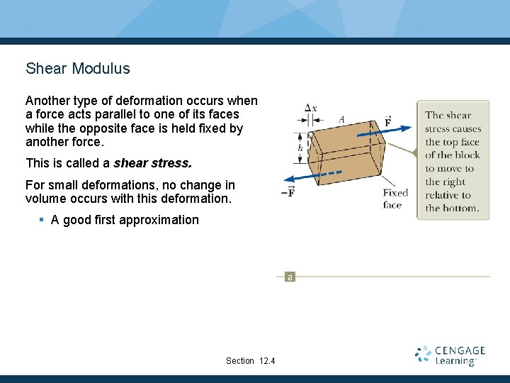 Shear Modulus Another type of deformation occurs when a force acts parallel to one Shear Modulus Another type of deformation occurs when a force acts parallel to one