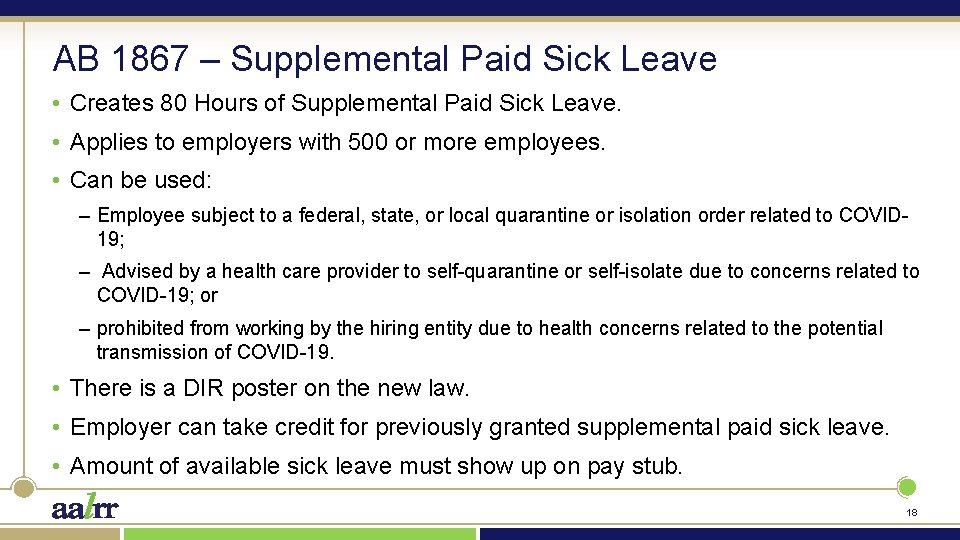 AB 1867 – Supplemental Paid Sick Leave • Creates 80 Hours of Supplemental Paid