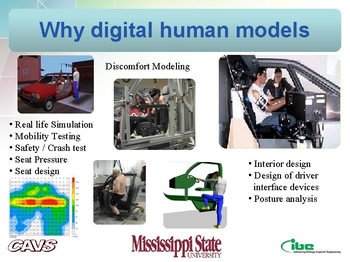 Why digital human models Discomfort Modeling • Real life Simulation • Mobility Testing • Why digital human models Discomfort Modeling • Real life Simulation • Mobility Testing •